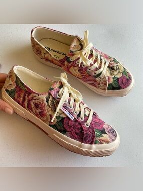 Superga Size 39 Dusty Pink Floral Tweed Knit Lace-up Sneaker